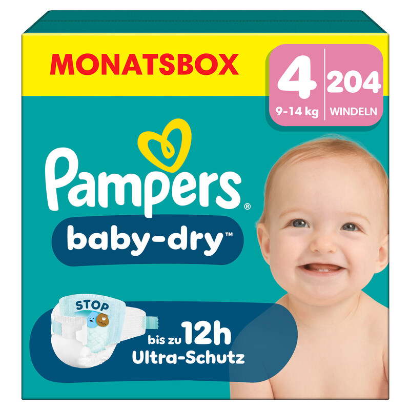 Pampers Baby Dry Gr.4 Maxi 9-14kg Monatsbox - 204 Stück