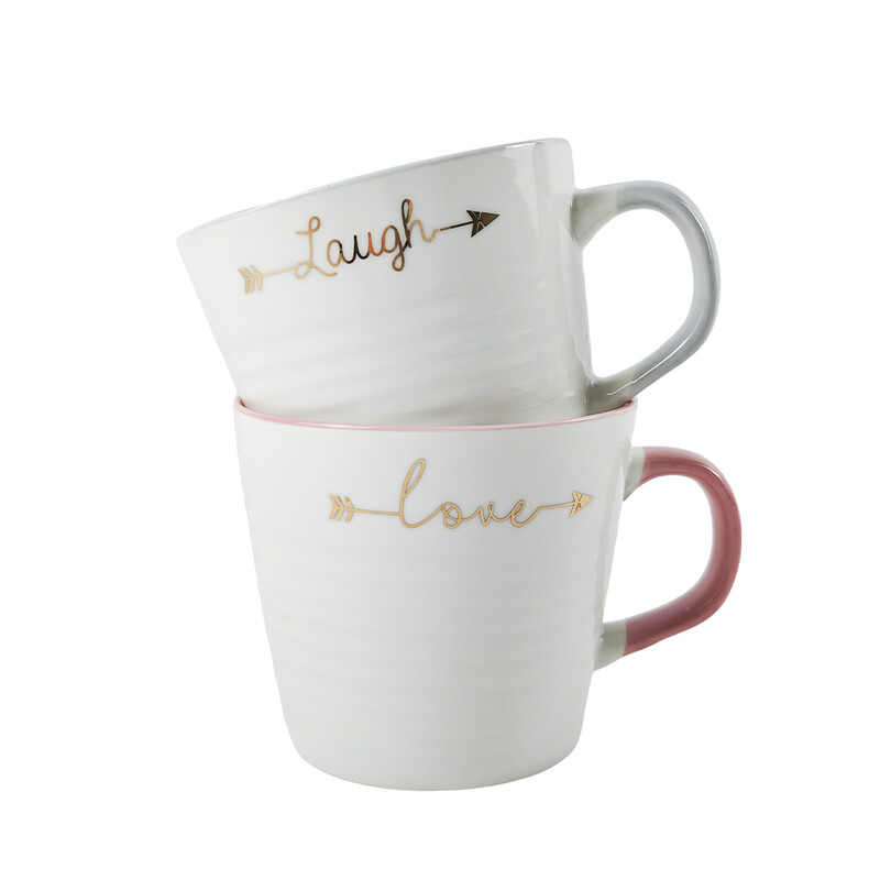 ​Set of 2 “Love” and “Laugh” Ceramic Mugs, 410ml Inspirational Quote Coffee Cups, Whi