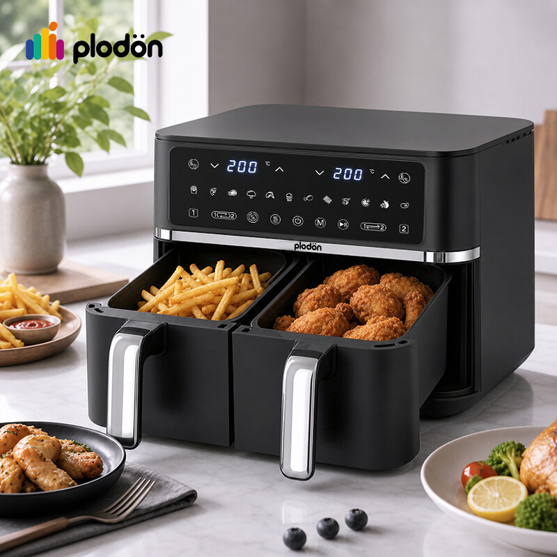 plodon Heißluftfritteuse mit 9 L Zweikammer-System, 2600–3100 W, Doppelkorb, Simultan-Kochen & Gleichzeitiges Fertiggaren, 12 Kochprogramme, separate Temperaturregelung, intelligenter Touchscreen, Vorheiz- und Warmhaltefunktion, spülmaschinenfest, Maximal