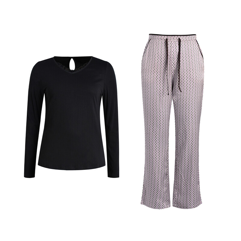 v-neck black long sleeved top and print pants set S