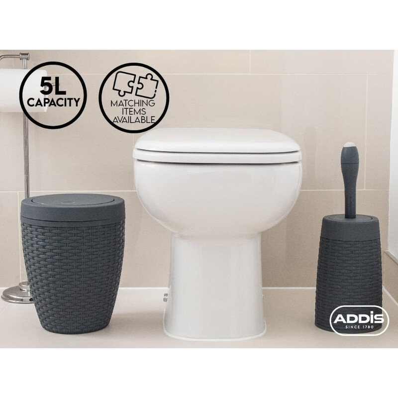 Rattan Effect Round Swing Lid Bathroom Bin - Charcoal