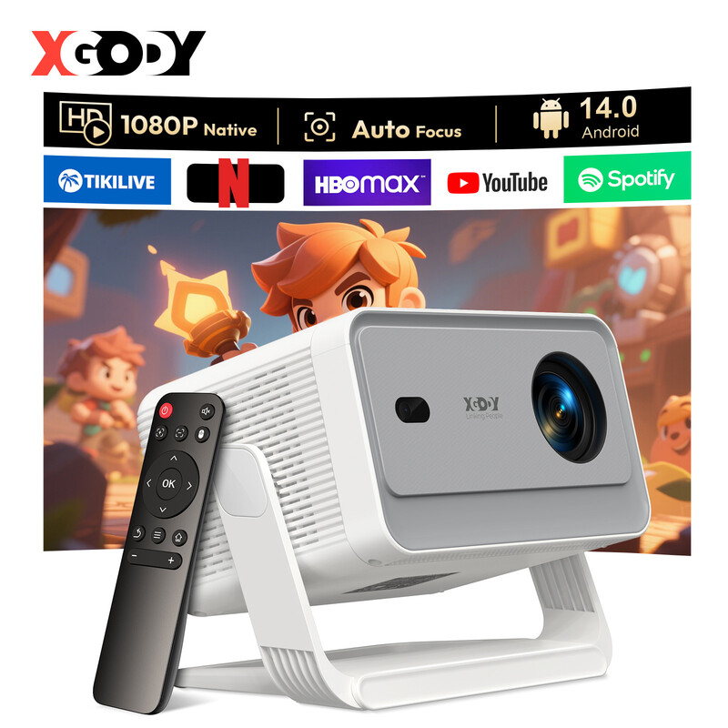 XGODY Gimbal A6 Pro Draagbare Projector, 8K Ondersteund, Native 1080P & 650 ANSI, Android 14.0, WiFi6 & BT5.4, Autofocus Auto Keystone 16 GB ROM, Slimme Projector voor Thuisbioscoop Slaapkamer Compatibel met HDMI/USB/Telefoon/PS (Wit + Grijs)