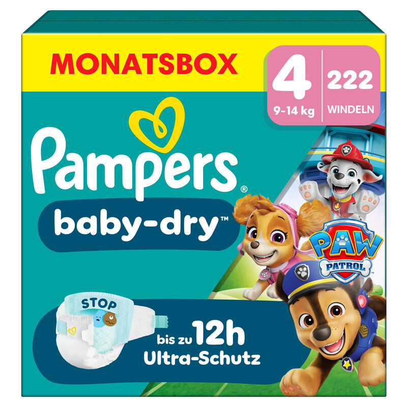 Pampers Baby-Dry Paw Patrol Edition Größe 4, 222 Windeln, 9Kg-14Kg, Bis Zu 100% Auslaufschutz & Komfort Die Ganze Nacht