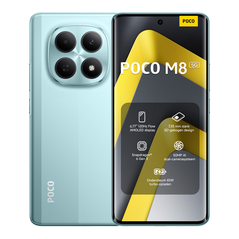 POCO M8 5 G Groen 8 GB RAM 512 GB ROM, Snapdragon 6 Gen 3, 6,77 Inch Flow AMOLED 120 Hz, 5520 mAh + 45 W Opladen, 50 MP + 20 MP Camera's, Origineel Met Officiële Garantie Dual SIM, NFC