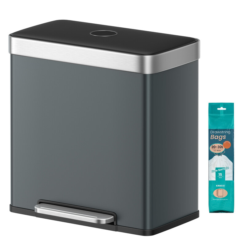 Ochama Dual Compartment Pedal Rubbish Bin, 2 X 30L Stainless Steel Recycling Kitchen Bin, Soft Close Lid, With Inner Buckets, Grey