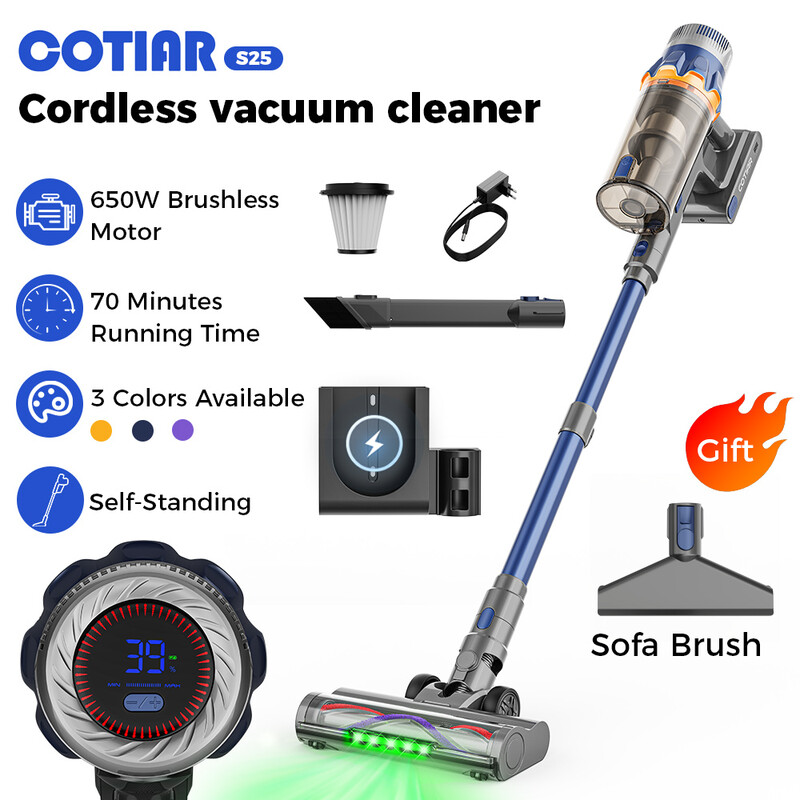 COTIAR S25 Cordless Vacuum Cleaner 650W 60kPa Strong Suction 70 Mins Runtime Handheld Home Appliance Portable Removable Battery Blue