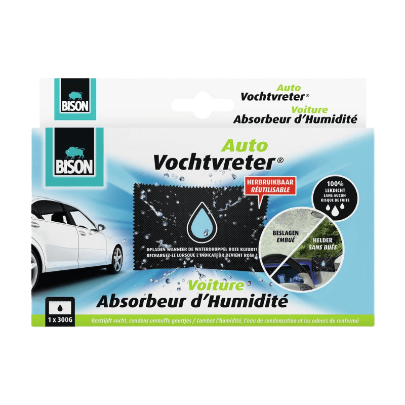 Bison Vochtvreter® Auto, luchtontvochtiger speciaal voor in de auto, bestrijdt vocht en condens in auto's, herbruikbaar, 300g, eenvoudig en veilig in gebruik