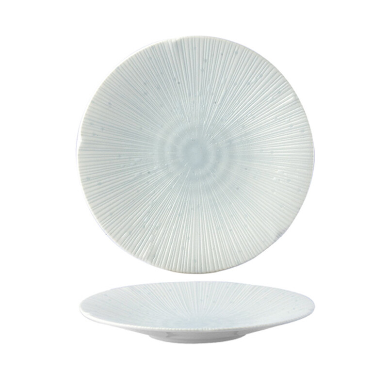 MINOYAKI, Japans Kyo Sendan 8,6 inch rond bord, celadonglazuur keramisch bord met verticaal stralend patroon, serveerbord voor steak en sushi, magnetron- en vaatwasserbestendig