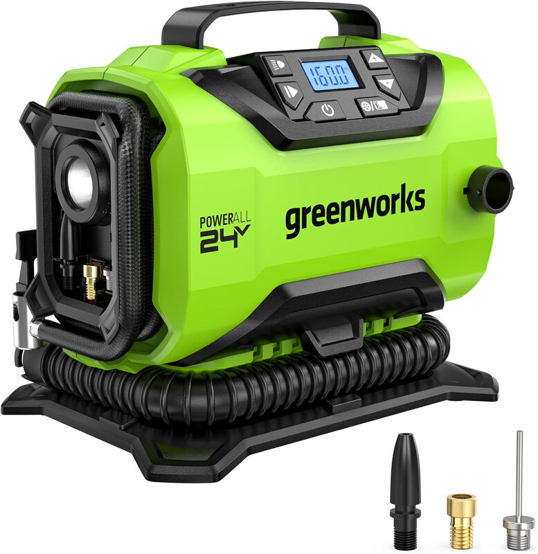 Greenworks G24IN Akku-Luftkompressor, 11 Bar, Nieder- oder Hochdruck, Automatische Abschaltung mit 3 Adaptern und 0,5 m Schlauch, Ohne 24 V Akku und Ladegerät, 3 Jahre Garantie