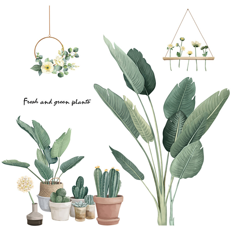 Green Tropical Assorted Leaves Decals Removable PVC Wall Stickers - Living Room Bedro