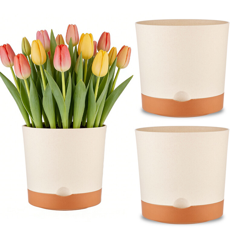 MADLAND bloempotset: 3-delige set, diameter 16,5 cm, beige zelfbewaterende bloempotten, met schotels