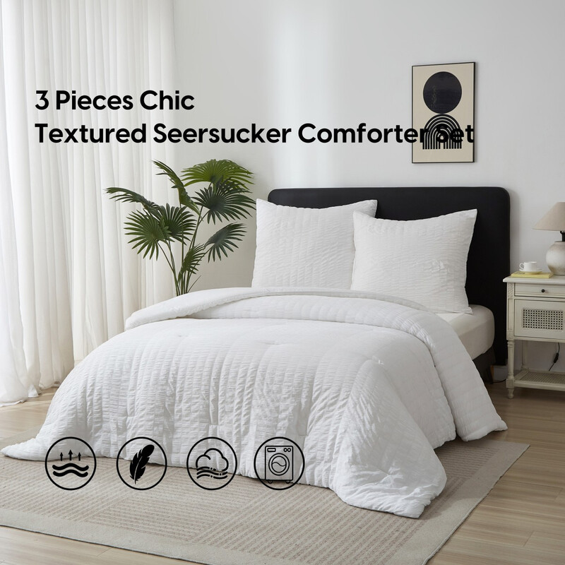 Meeallhome Seersucker-Struktur Bettdecken- und Bettwäsche-Set 200 × 200 cm/80 × 80 cm x 2 Weiß