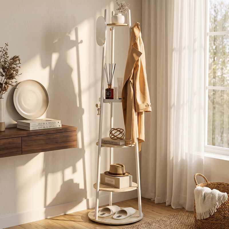 KAPANOU Drehbarer Stand-Kleiderständer mit Coat Tree, 6 Haken und 5 Ablagen für Eingangsbereich und Schlafzimmer (weiß), Neu-Jahr-Verkauf, Top-Geschenkideen