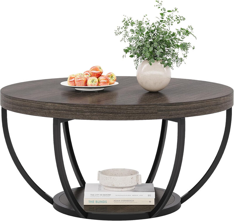 Wooden Coffee Table, 2-Tier Round Central Cocktail Table with Shelves