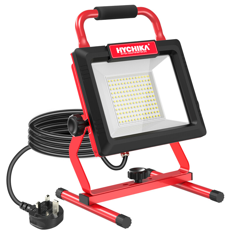 HYCHIKA LED Work Light, 100W 12000LM Construction Light, IP65 Waterproof Job Site Lights, 6500K Daylight White with Foldable Stand, 2m Cable for Workshop Garage Camping Garden
