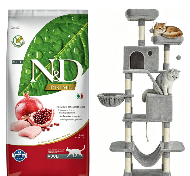 Farmina N&D Prime Adult Katzenfutter Huhn Getreidefrei 5 kg 58 % Hühnerprotein und Kratzbaum, 206 cm großer Katzenturm mit 13 Kratzsäulen, 1 Kratzrampe, 2 Plattformen, 2 Höhlen, Korb, Hängematte, Pompons