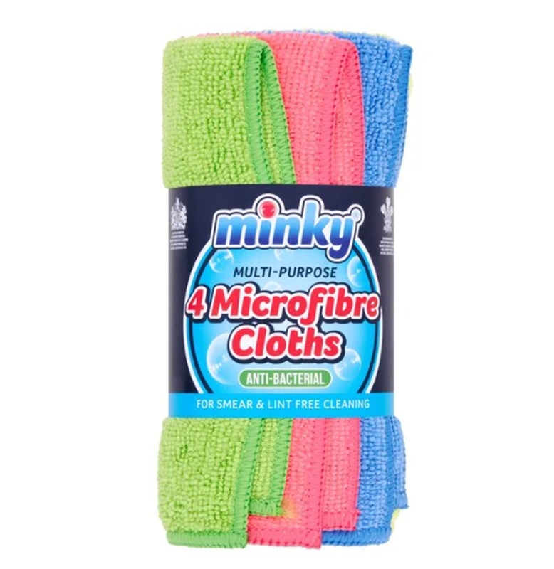 Minky Pink/Green/Orange Multi-Purpose Microfibre Cloths, 4 Per Pack