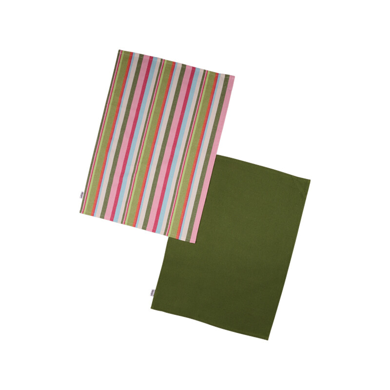 Tea Towels Striped 100% Cotton Green/Pink 2pcs