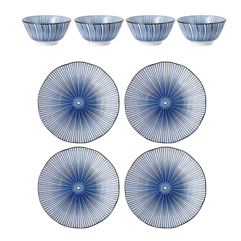 MINOYAKI, kommen & borden servies 8-delige set, huishoudelijke set, blauw Tokeusa gestreept patroon, 4 rijstkommen + 4 dinerborden, onderglazuur servies voor thuis dineren, geschikt voor magnetron en vaatwasser