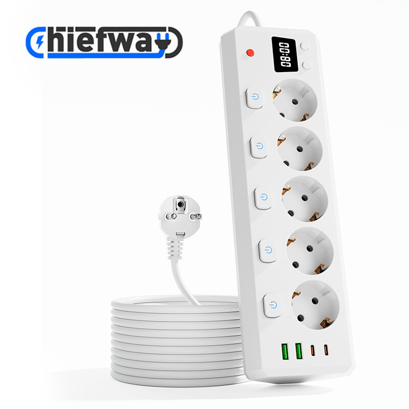10-in-1 Multi-Outlet Stekkerdoos met 5 AC-stopcontacten, 2 USB-A-poorten en 2 Type-C-poorten, met Individuele Schakelaars, Digitaal Horloge, 2500 W MAX Wit/3 m Snoer