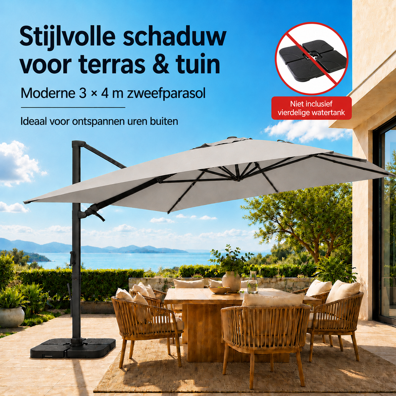 Hover umbrella 3 × 4 m Dark Grey, 360° Rotating Parasol with Side Pole, Tiltable Left and Right, Full Aluminum Frame, 280 g/m² Yarn-dyed Fabric with PA Coating, Cross Base Included
