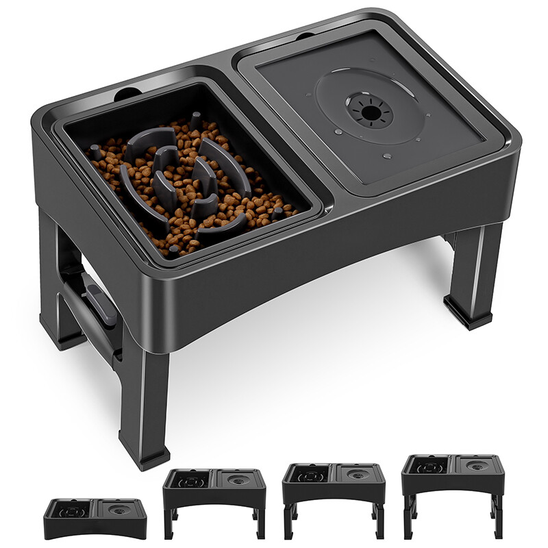 Blinkit 2-in-1 Verstelbare Huisdier Slow Feeder Voerbak/Verhoogde Hondenbak, Slow Feeder + Zwevende Waterbak, Verstelbare Hoogte Opvouwbaar Ontwerp, Dagelijkse Voeding & Drinken voor Honden & Katten, Zwart