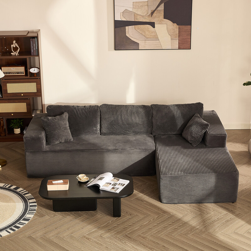 Joyic 272 cm L-vormige zitbank zonder armleuning, Corduroy stof, GrijsGeen montage vereist, Diep zitontwerp, Zachte corduroy bekleding, Flexibele modulaire indeling