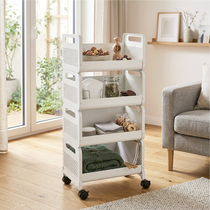 Küchenwagen mit 4 Ebenen, Küchenregal, Stahlgestell, 360° Gummirollen mit Bremse, Glatt lackiert, Rostfrei, Griff, Einlegeboden auf Rollen, Ideal für Küche, Badezimmer, Büro, Wohnen