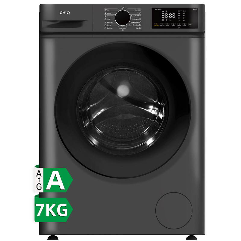 CHiQ 7 kg frontlader wasmachine, donkergrijs, energieklasse A, grote trommel 530 mm, 1200 toeren, 16 programma's, stoomwassen & 1-touch smart wash JW75883G
