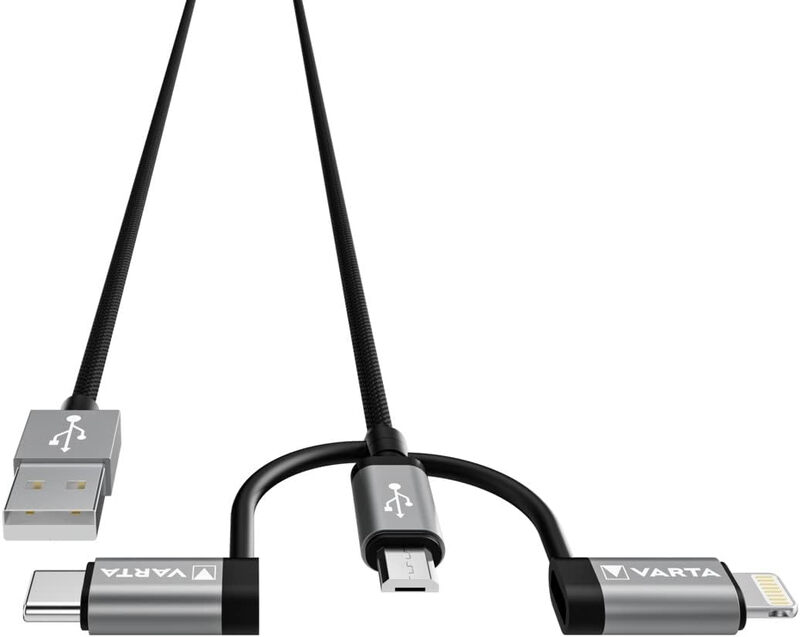 VARTA 3-in-1 Kabel USB A zu Micro USB, USB Typ C, Lightning, Schnellladung & Synchronisation, MFi, Ladekabel für Strom- und Datenübertragung, 2 m, sch