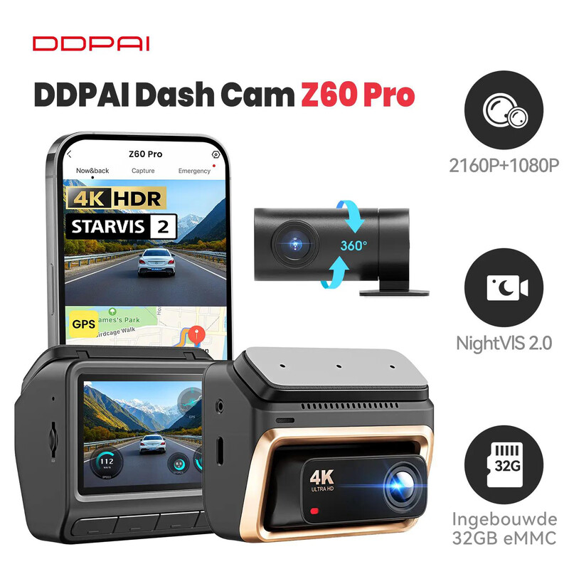 DDPAI Z60 Pro 4K Dashcam 3 inch Auto DVR Voor- en Achtercamera STARVIS 2 IMX678 60 FPS HDR Ingebouwde 32 GB eMMC AI-ISP Nachtzicht 5 GHz WiFi GPS Ondersteunt 24 Uur Parkeermodus - 2 Kanalen