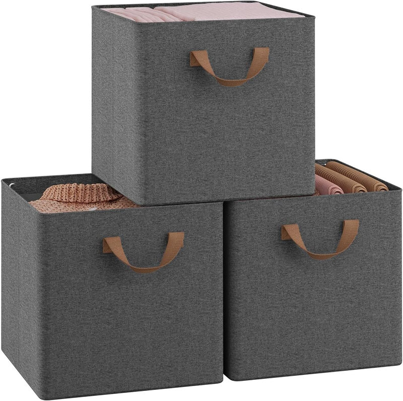 WOLTU Faltbare Aufbewahrungsboxen 3 Stück, Stoffboxen mit Griffen und Metallrahmen, Aufbewahrungswürfel für Wohnzimmer, Schlafzimmer, Arbeitszimmer, Mehrzweck, Grau, 32,5x32,5x31cm