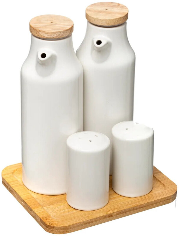 Seramik Set aus Keramik für Öl, Essig, Salz und Pfeffer mit Bambusständer