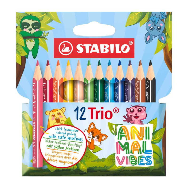 Short, Thick Triangular Colored Pencils, Animal Fun Series, 12-Pack, Assorted Colors