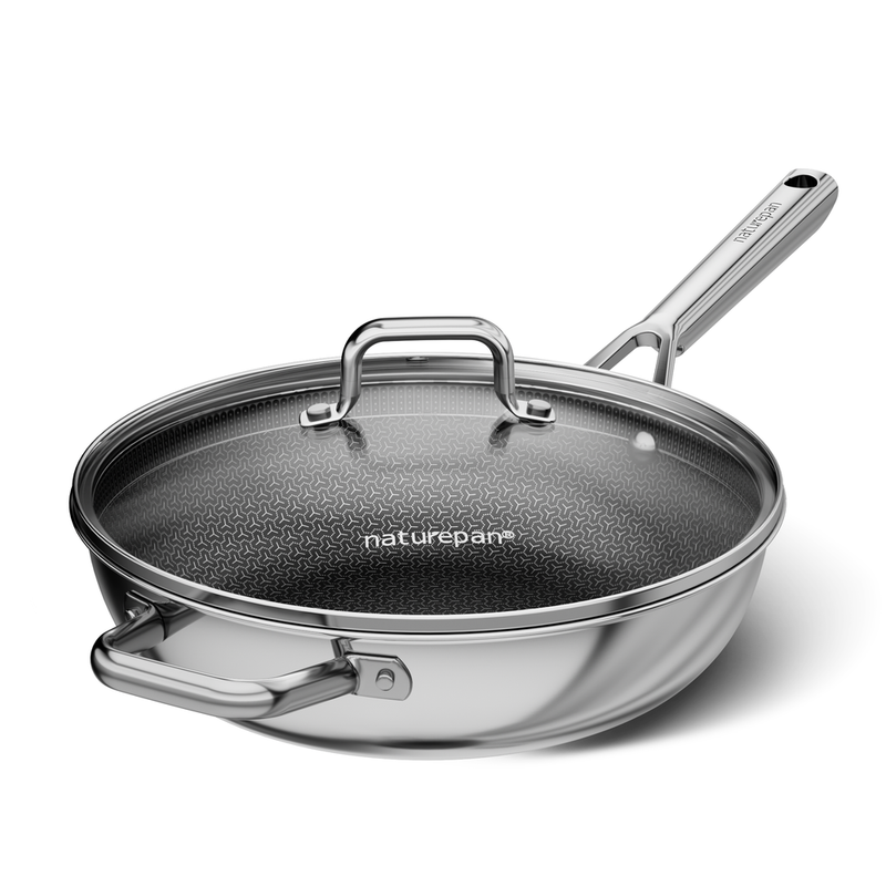 naturepan Hybride koekenpan van hoogwaardig roestvrij staal 28 cm met deksel, Diamant-Titanium coating, 5-laags constructie, Lasergestuct honingraat, Inductie, Cool Touch handgreep, Vaatwasserbestendig