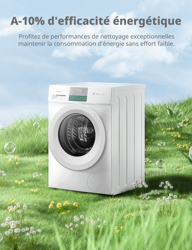 Comfee Lave-linge autonome, 10 kg, Classe A-10 %, soin vapeur, moteur BLDC, certifié Woolmark, panneau tactile, blanc - CFP03EW100W-HR