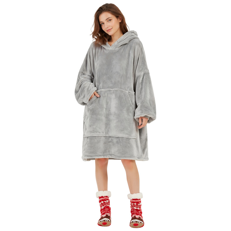 MENDALE oversized hoodie deken, extra dik en extra groot, ultrazachte fleece met zachte sherpa omkeerbare warme knusse comfortabele draagbare gigantische sweatshirt deken voor volwassenen mannen & vrouwen (grijs)