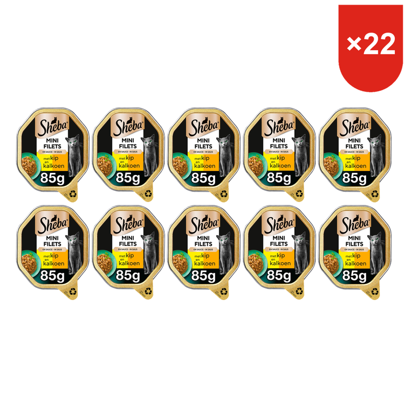 Sheba Mini filets Nourriture pour chats en boîte pour chats riches en protéines saveurs variées 85 g poulet et dinde*22