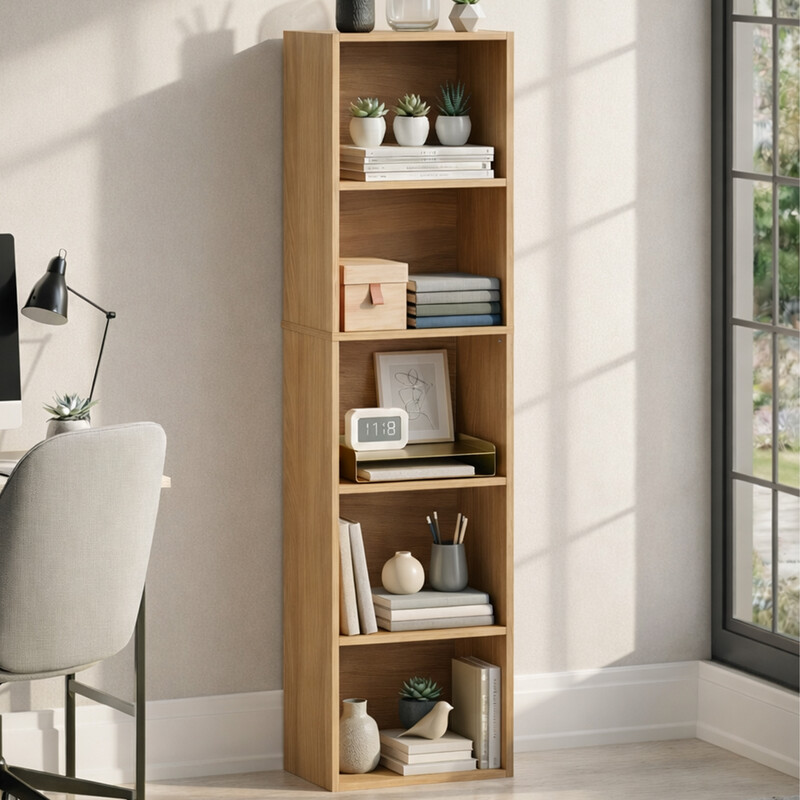 Vida Designs 5 Tier Oak Cube Bookcase | Modern Living Room Furniture Shelf Organizer for Home & Office
