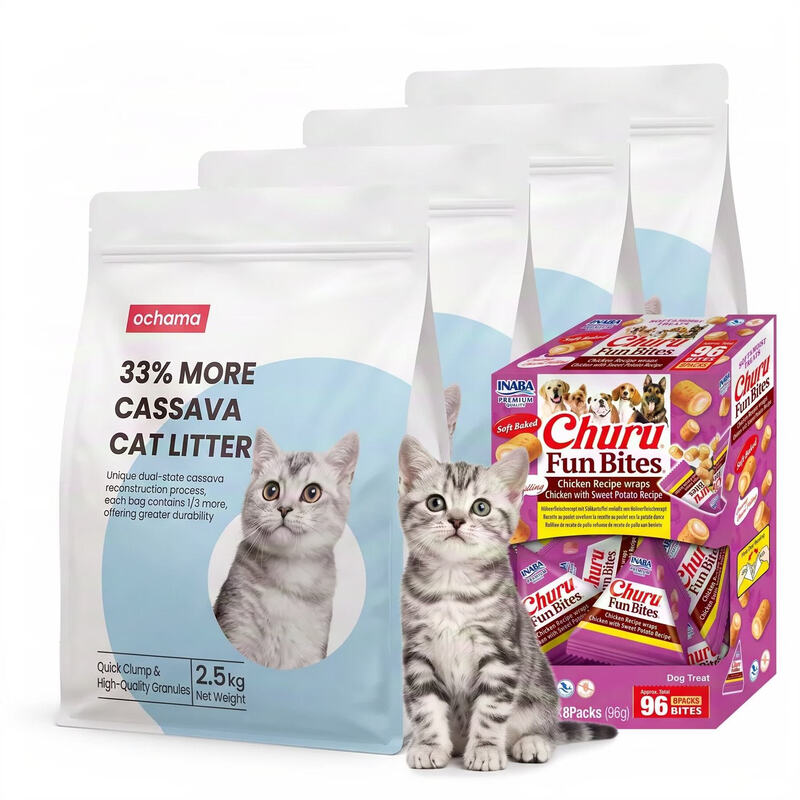 Ochama Cloud tapioca kattenbakvulling, 4 pakken en INABA Fun Bites kip wraps kip met zoete aardappel