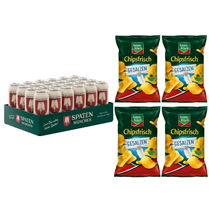 Vorteilspack Spaten Münchner Hell Lager Dosen 24 x 0,5 L + Funny-Frisch Chipsfrisch Gesalzen gesalzene Kartoffelchips 4 x 150 g
