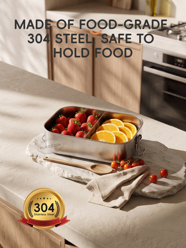 PURE COOK 304 Edelstahl Lunchbox-Serie | Rechteckige, luftdichte Box mit 2 Fächern und Drahtverschluss