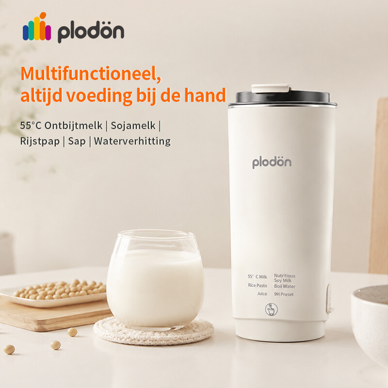 plodon Mini elektrische sojamelkmaker voor onderweg, 300 ml draagbare reis verwarmde mixbeker met 9-uur voorinstelling. Geschikt voor sojamelk, ontbijtmelk op 55°C, rijstpuree, sap en kokend water, automatisch reinigen, roestvrij staal