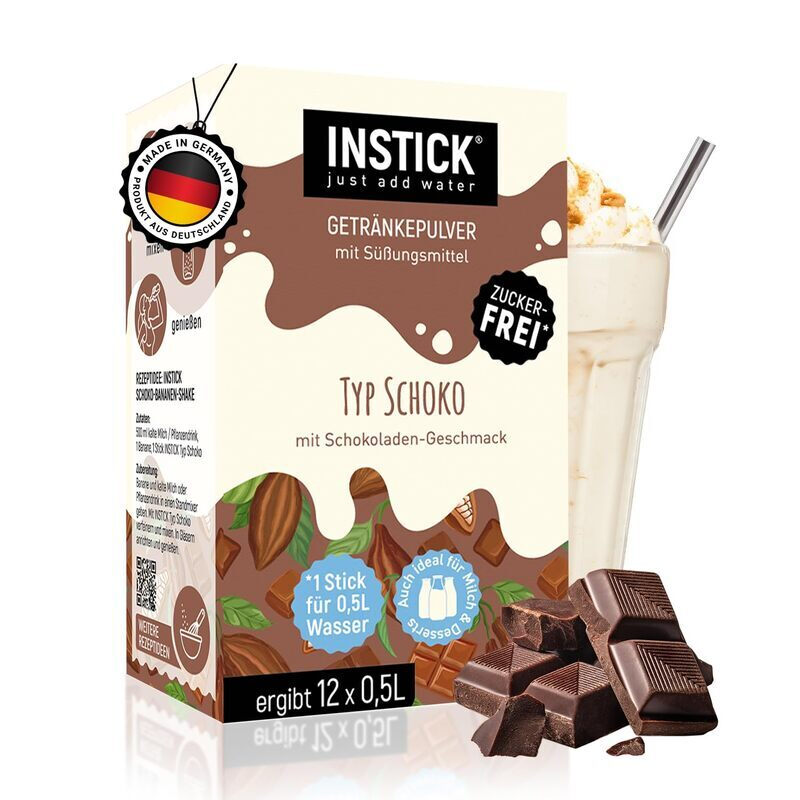 INSTICK Zuckerfreies Instant-Getränk für Milchprodukte (Typ Schoko) - 1 Packung für 12 x 0,5 L - Ideal für Milch, Joghurt, Skyr, Quark- Vegan & Kalorienarm