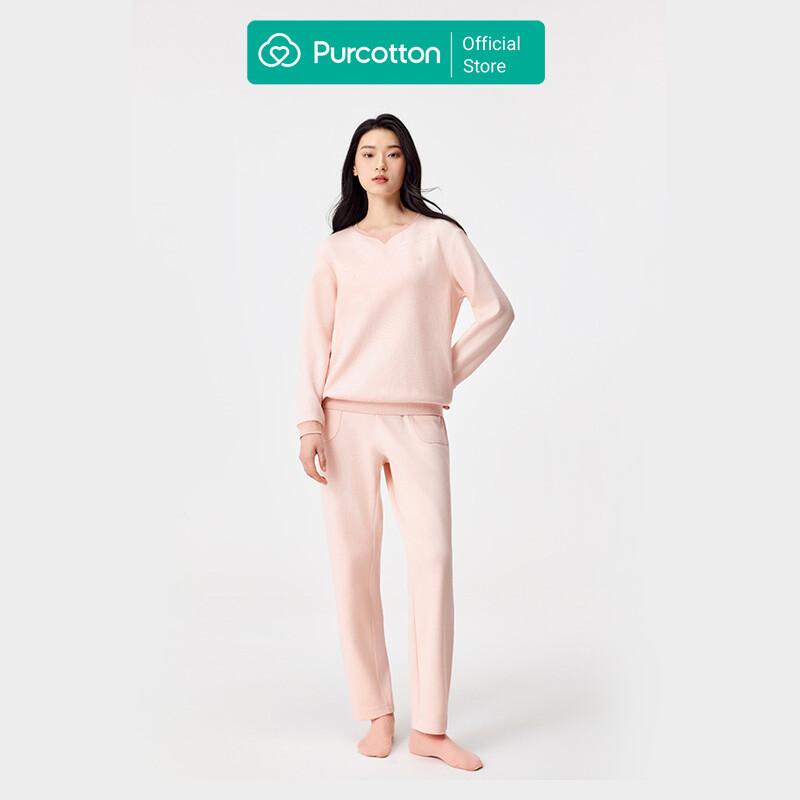 Women's Waffle Knit Loungewear Set, Peach Pink, Top: UK 12 (M); Bottom: UK 12 (M)