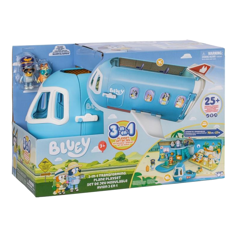 Bluey 3-in-1 zusammenklappbares Flugzeug-Spielset; verwandelt sich in Hotel, Strandclub und Boot; 70 cm; 25+ Soundeffekte; 15 Spielzubehörteile; 2 exklusive Bingo-Figuren