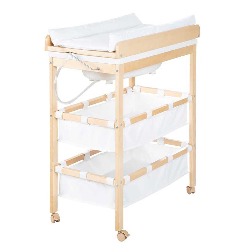 roba Table à Langer avec Baignoire 2en1 Baby Pool + Matelas Imperméable sur Plan à Langer Pivotant + 2 Compartiments Bain Bébé dès la Naissance Bois Naturel