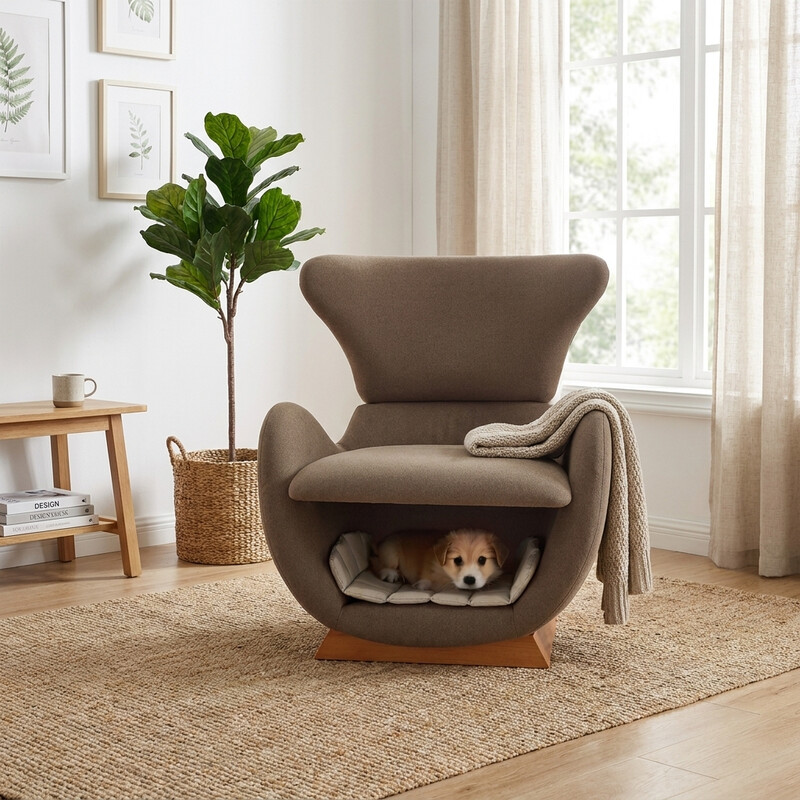 URBAN MEUBLE design loungestoel — "Whale Shark" design, koffiekleurige stof, 66 x 69 x 76 cm, bank voor mensen & huisdieren, bank voor mensen & katten, bank voor mensen & honden, kattenbank,