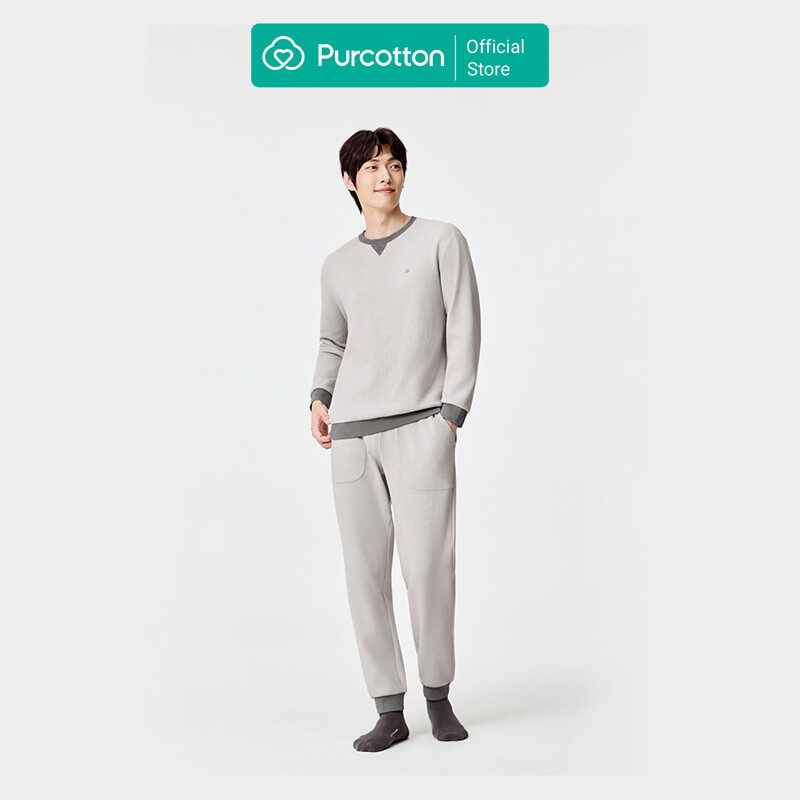 Men's Waffle Knit Loungewear Set, Mercury Grey, Top: UK 42 (X L); Bottom: UK 36 (X L)