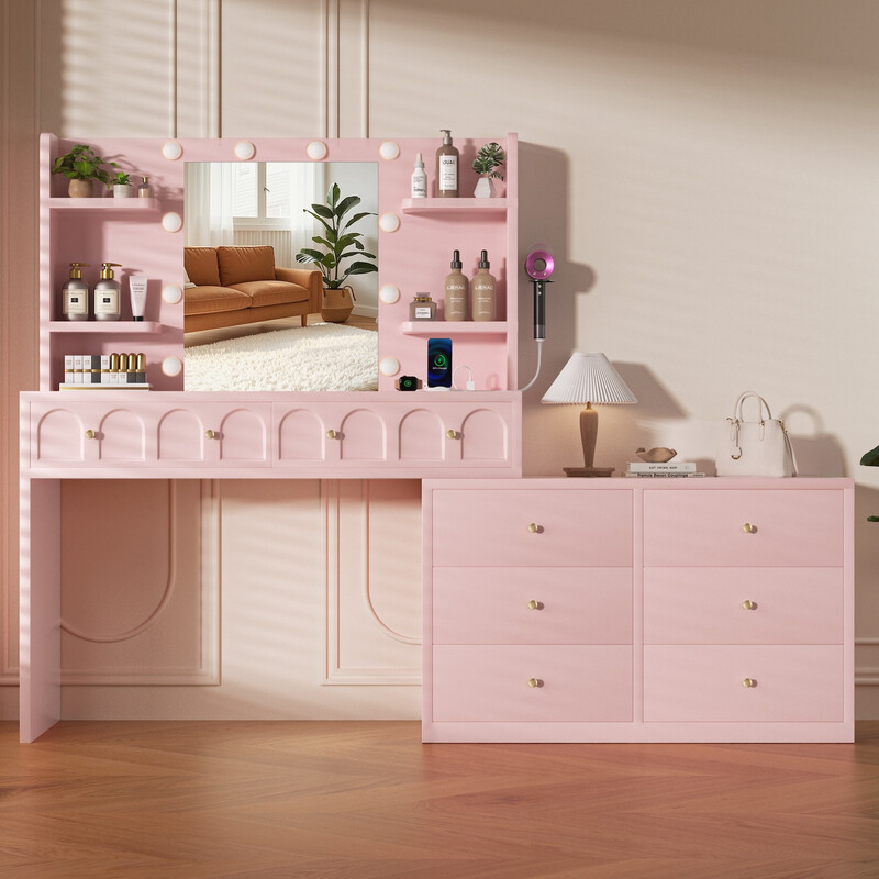 GTIMEX Make-uptafel Make-uptafel met ledverlichting, grote high-res spiegel (Het zijpaneel is 90° verstelbaar voor flexibele ruimteaanpassing. 8 lades, 8 open vakken, föhnhouder, met stopcontact en USB-aansluiting, 10 ledlampen, 3 lichtkleuren), afmetinge